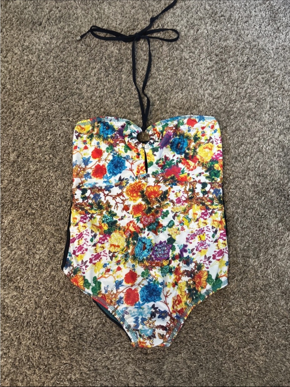 Colorful Sequin Floral Halter One Piece Swimsuit